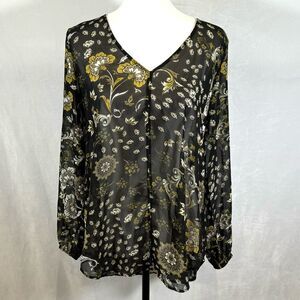 Loft long sleeve black olive green and white print semi sheer top size XS NWOT